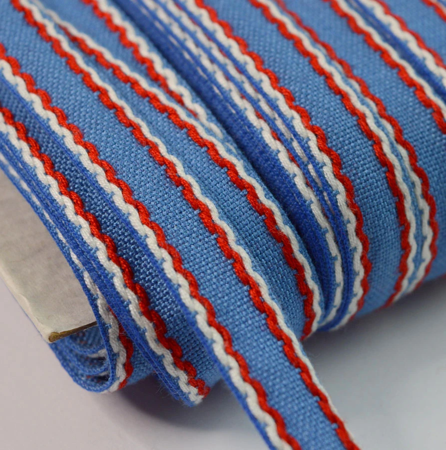 15mm Stitched Edge Braid Cotton Tape - Blue, Red & White (50m Roll) 3 15mm Stitched Edge Braid Cotton Tape - Blue, Red & White (50m Roll)