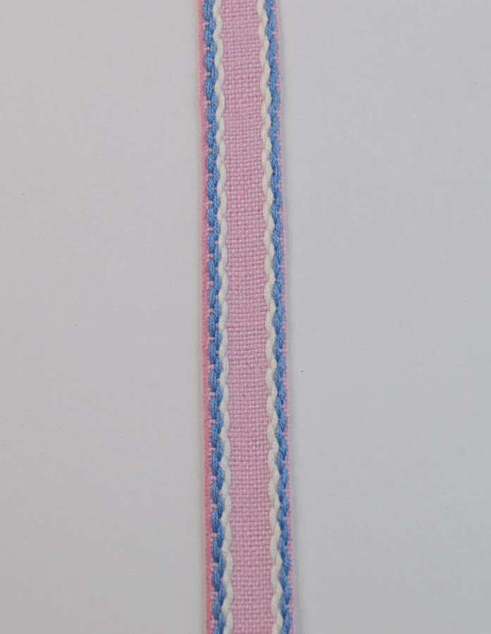 15mm Stitched Edge Braid Cotton Tape - Pink, Blue & White (50m Roll) 4 15mm Stitched Edge Braid Cotton Tape - Pink, Blue & White (50m Roll) - Image 2