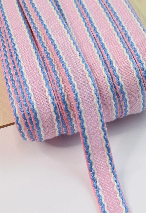 15mm Stitched Edge Braid Cotton Tape - Pink, Blue & White (50m Roll) 3 15mm Stitched Edge Braid Cotton Tape - Pink, Blue & White (50m Roll)