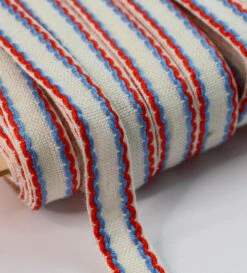 15mm Stitched Edge Braid Cotton Tape - White, Blue & Red (50m Roll)