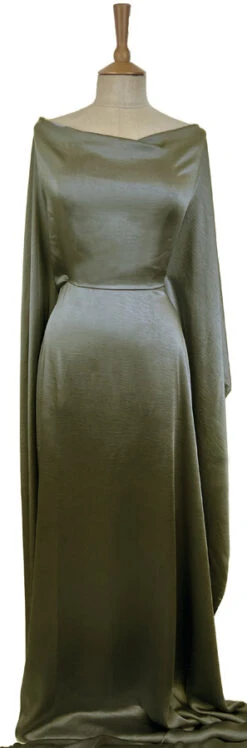 Bella Satin Stretch - Olive -Croft Mill Store bella satin stretch olive polyester elastane smooth dressmaking fabric mannequin