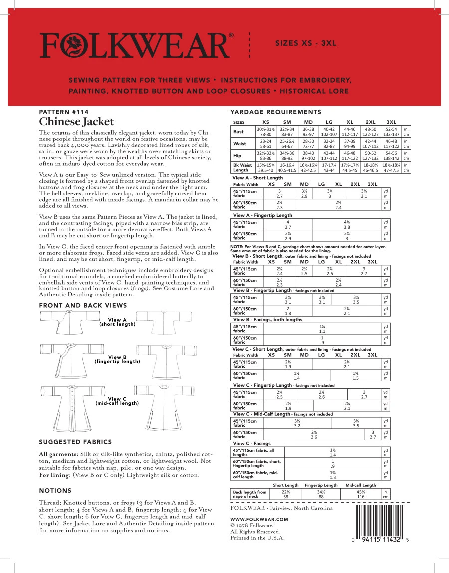 Folkwear - Chinese Jacket Sewing Pattern (XS-3XL) 4 Folkwear - Chinese Jacket Sewing Pattern (XS-3XL) - Image 2
