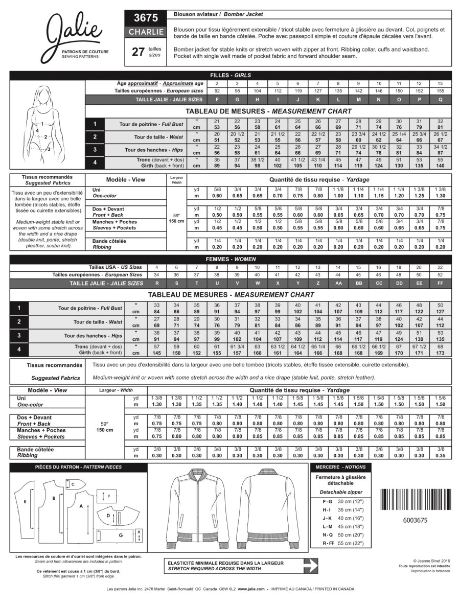 Jalie - Charlie Bomber Jacket Sewing Pattern (27 Sizes) 4 Jalie - Charlie Bomber Jacket Sewing Pattern (27 Sizes) - Image 2