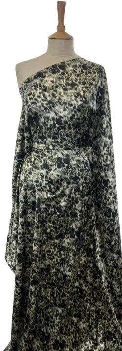 Silky Satin - Animal Olive 9 Silky Satin - Animal Olive -Croft Mill Store silky satin animal olive leopard print polyester spandex dress fabric mannequin