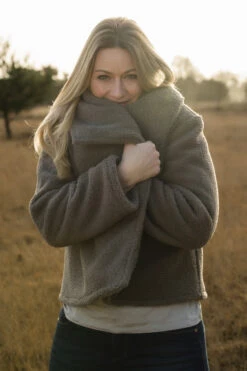 Warm Nights - Taupe 9 Warm Nights - Taupe -Croft Mill Store warm nights taupe polyester fluffy teddy coat fabric example