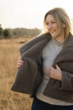 Warm Nights - Taupe 8 Warm Nights - Taupe -Croft Mill Store warm nights taupe polyester fluffy teddy coat fabric example2