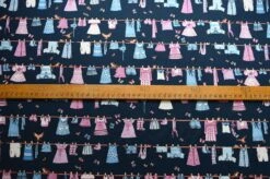 Combed Cotton - Washing Day 5 Combed Cotton - Washing Day -Croft Mill Store washing day dark navy blue fabric with a blue and pink washing line pattern s